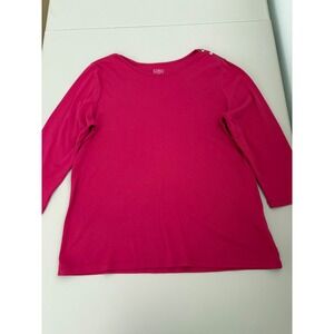 LL Bean Womens Top L Regular Pink‎ 3/4 Sleeve Button Shoulder Cotton Blend Tee
